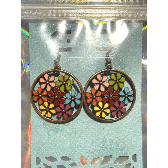 Antiqued Bronze BOHO Hippy Round Multicolor Flower Earrings with Wire Hook - Picture 2 of 3